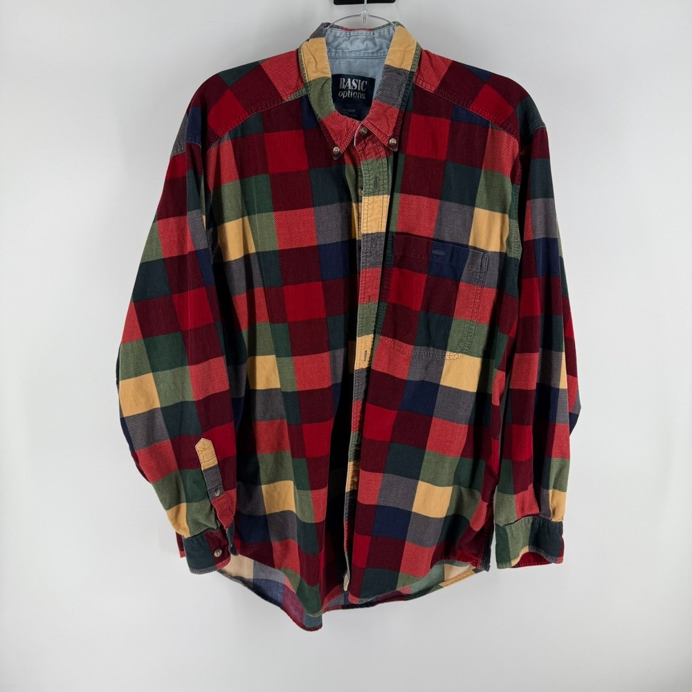 Basic Options Flannel Shirt Mens Large Multi Check Cotton Pleated Button‎ Down